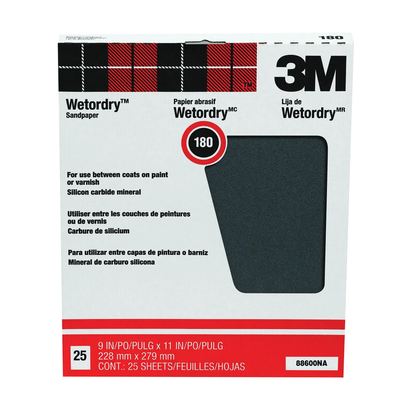 3M 88600 Sandpaper, 11 in L, 9 in W, 180 Grit, Fine, Silicone Carbide Abrasive