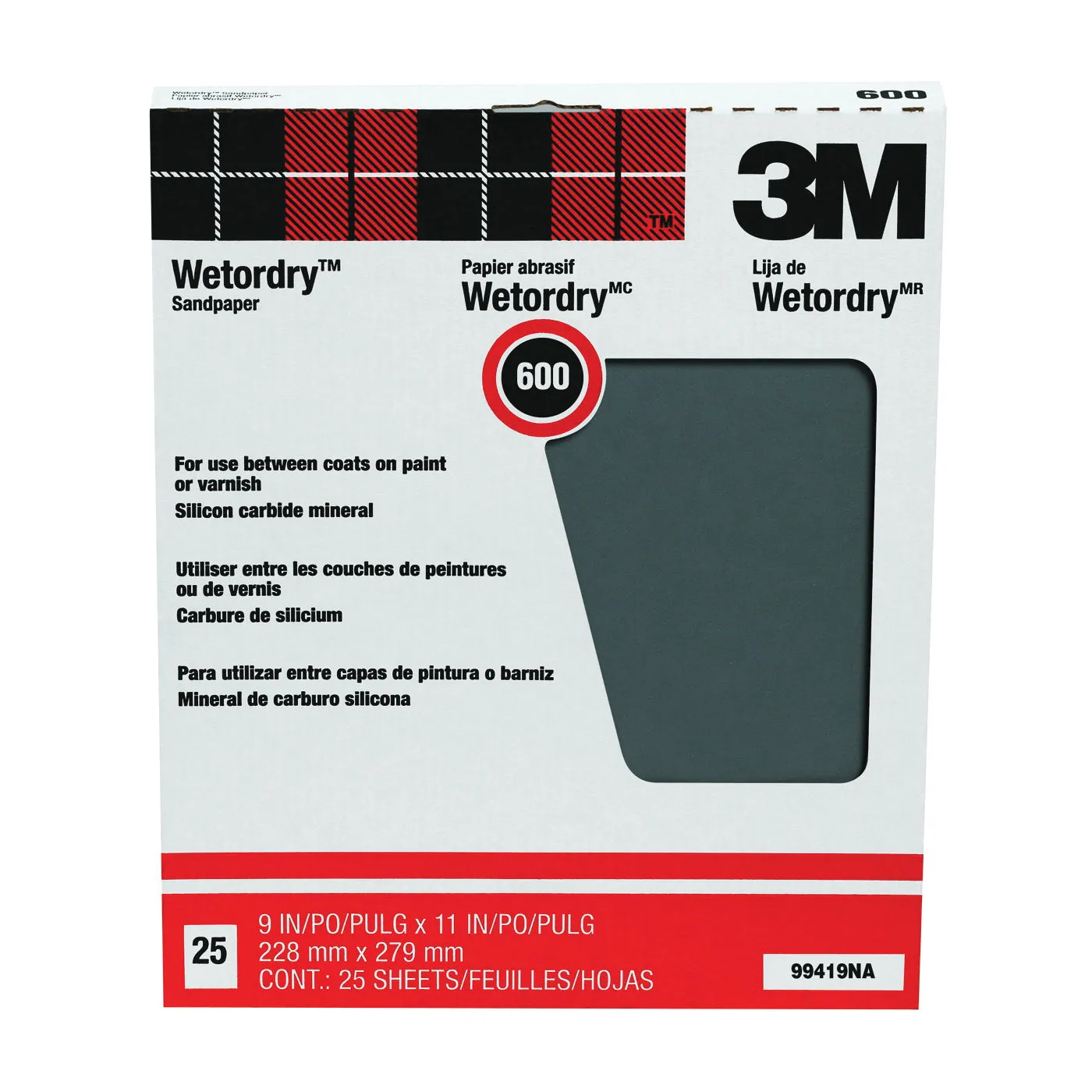 3M 99419 Sandpaper, 11 in L, 9 in W, 600 Grit, Super Fine, Silicone Carbide Abrasive