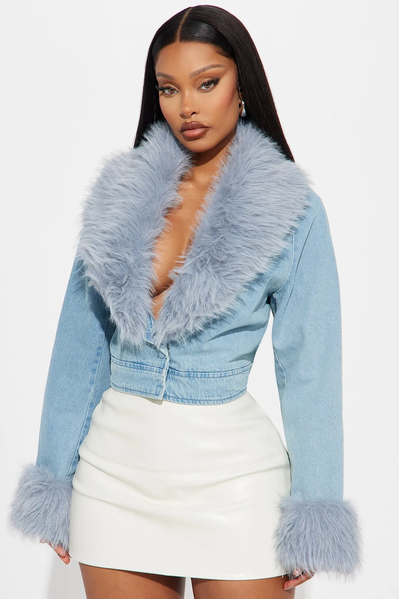 All For You Faux Fur Cropped Jacket - Light Wash