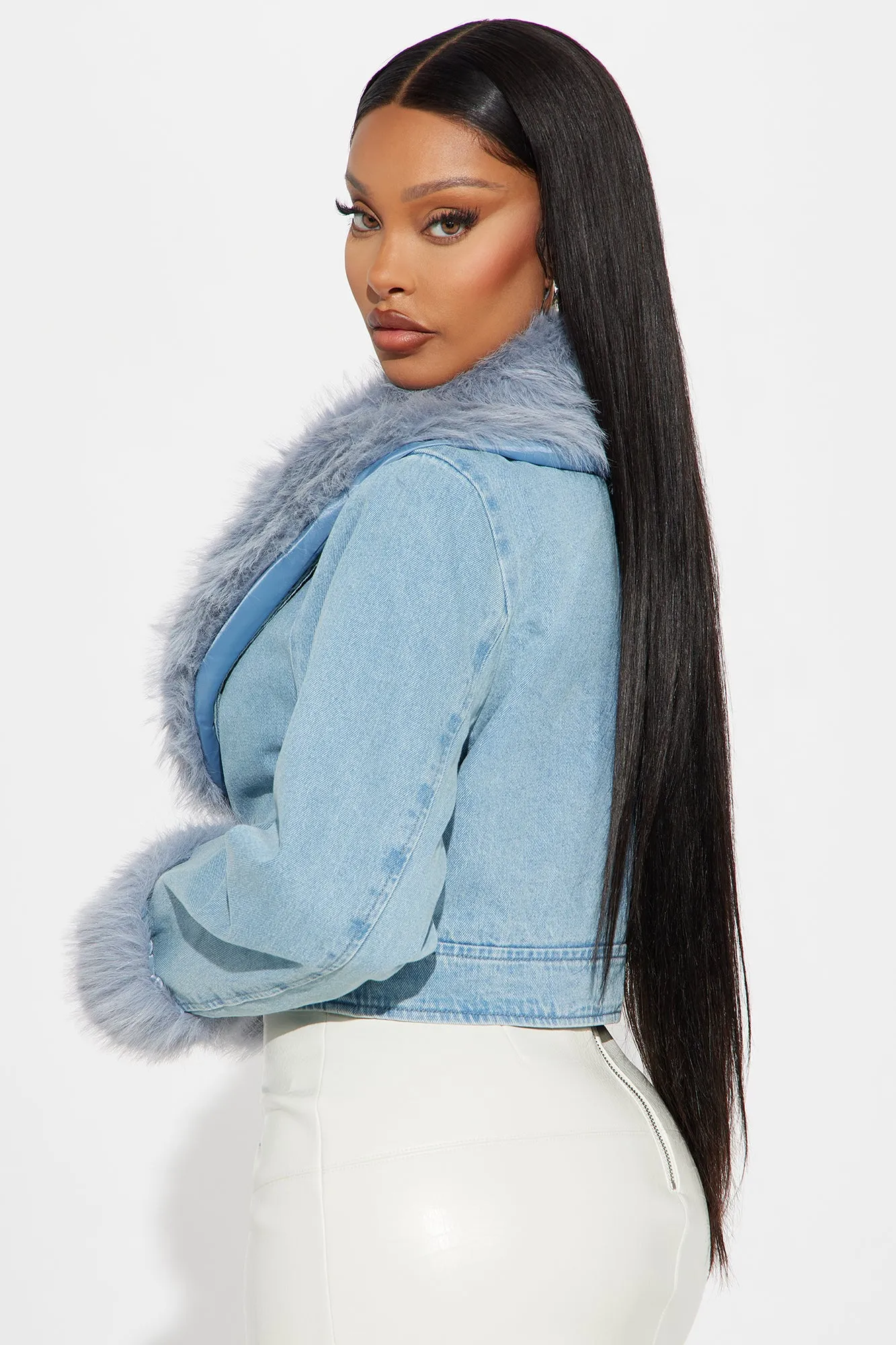 All For You Faux Fur Cropped Jacket - Light Wash