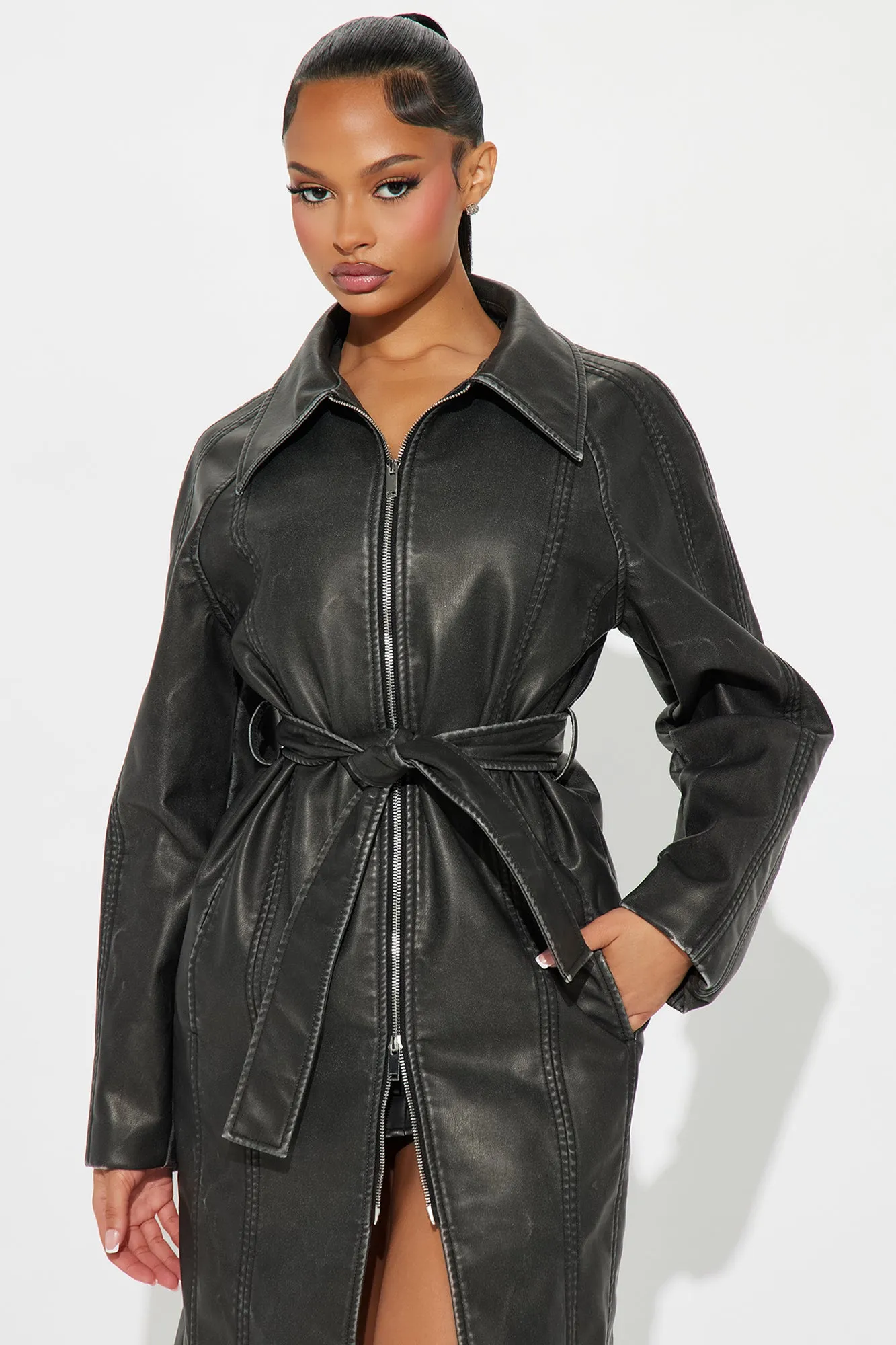 Beau Washed Faux Leather Trench - Charcoal