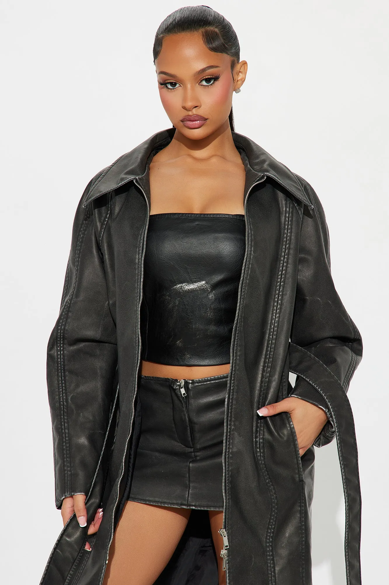 Beau Washed Faux Leather Trench - Charcoal