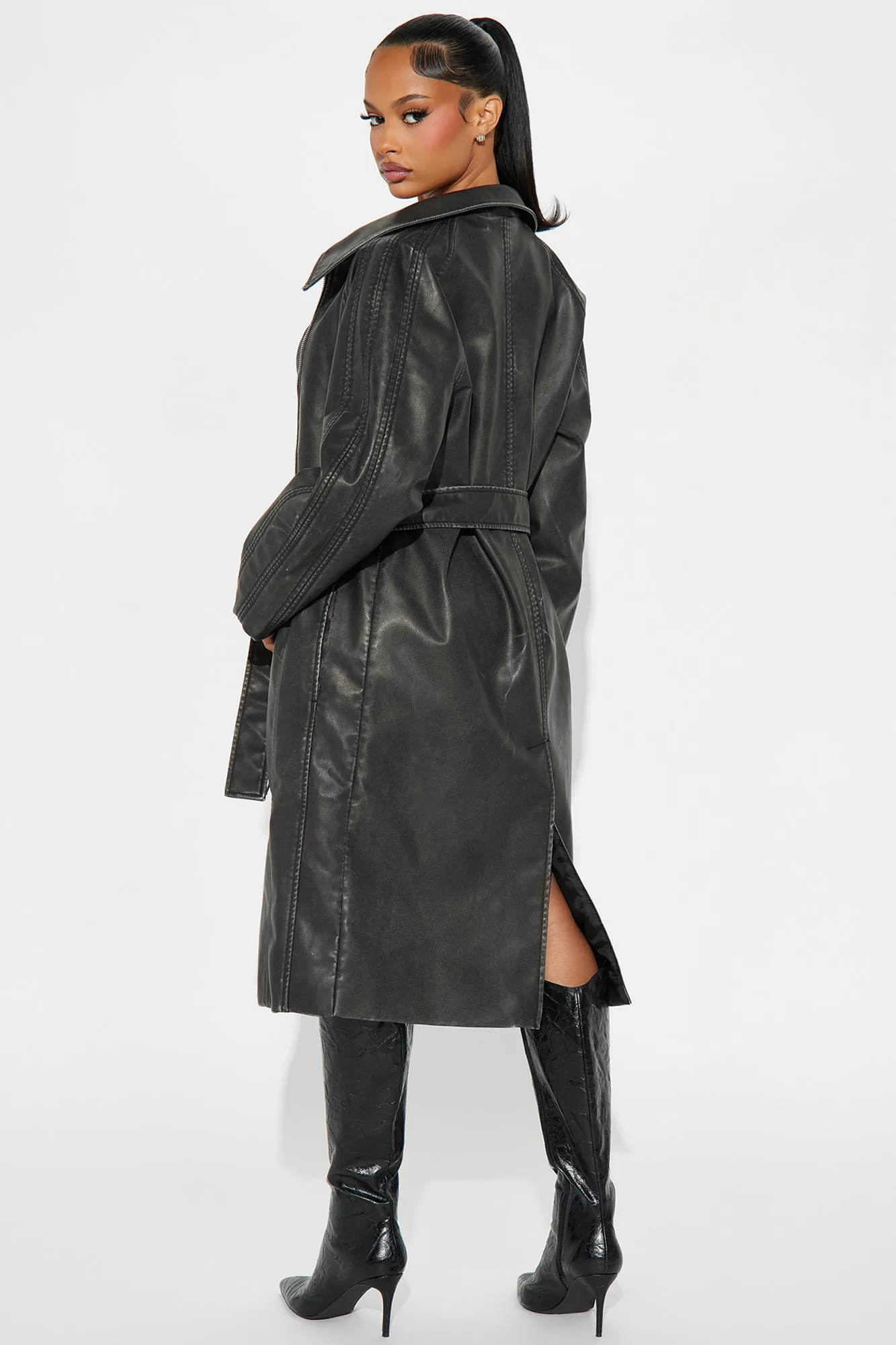 Beau Washed Faux Leather Trench - Charcoal