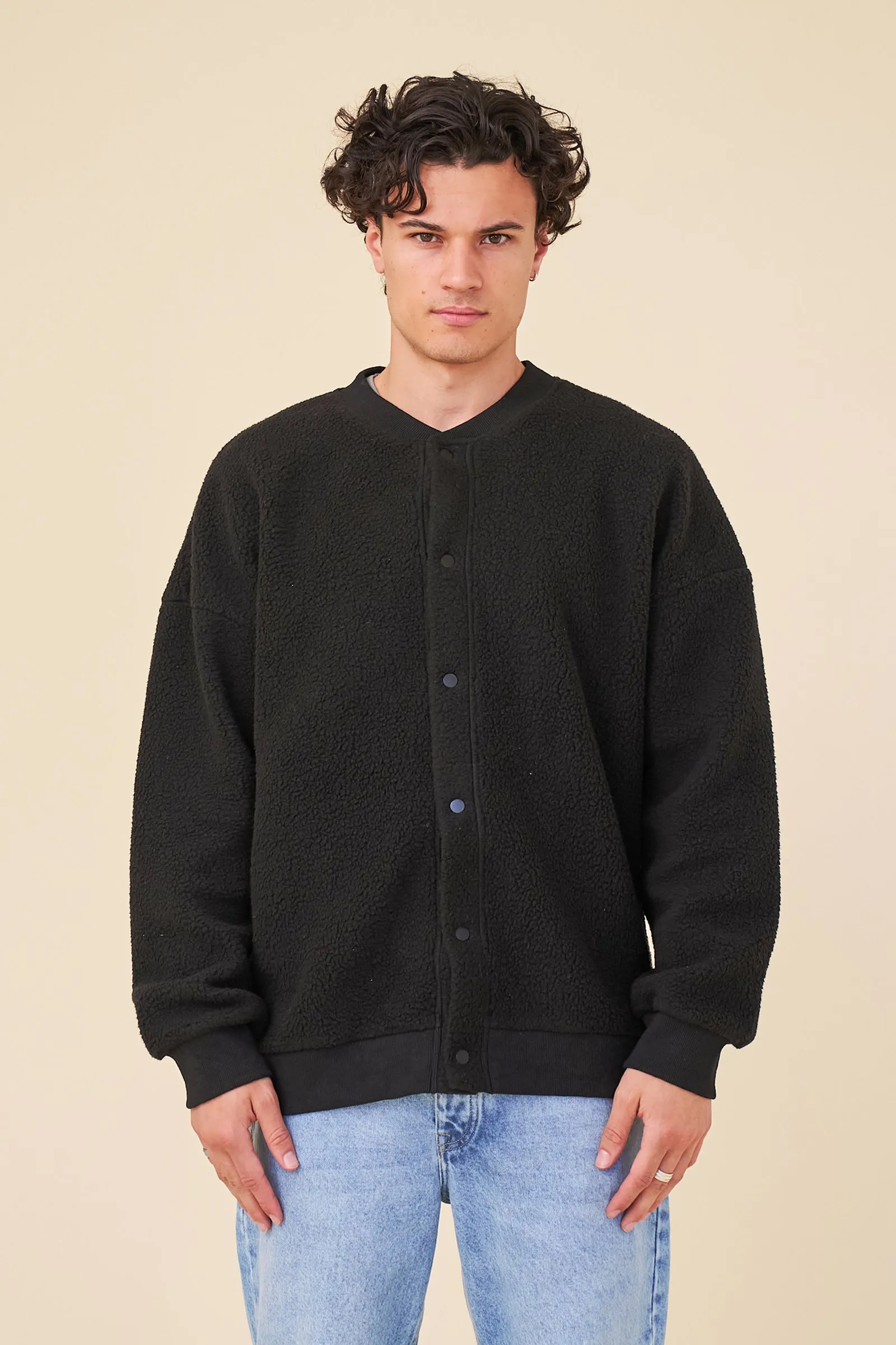 BOMBER FLEECE CARDIGAN - BLACK