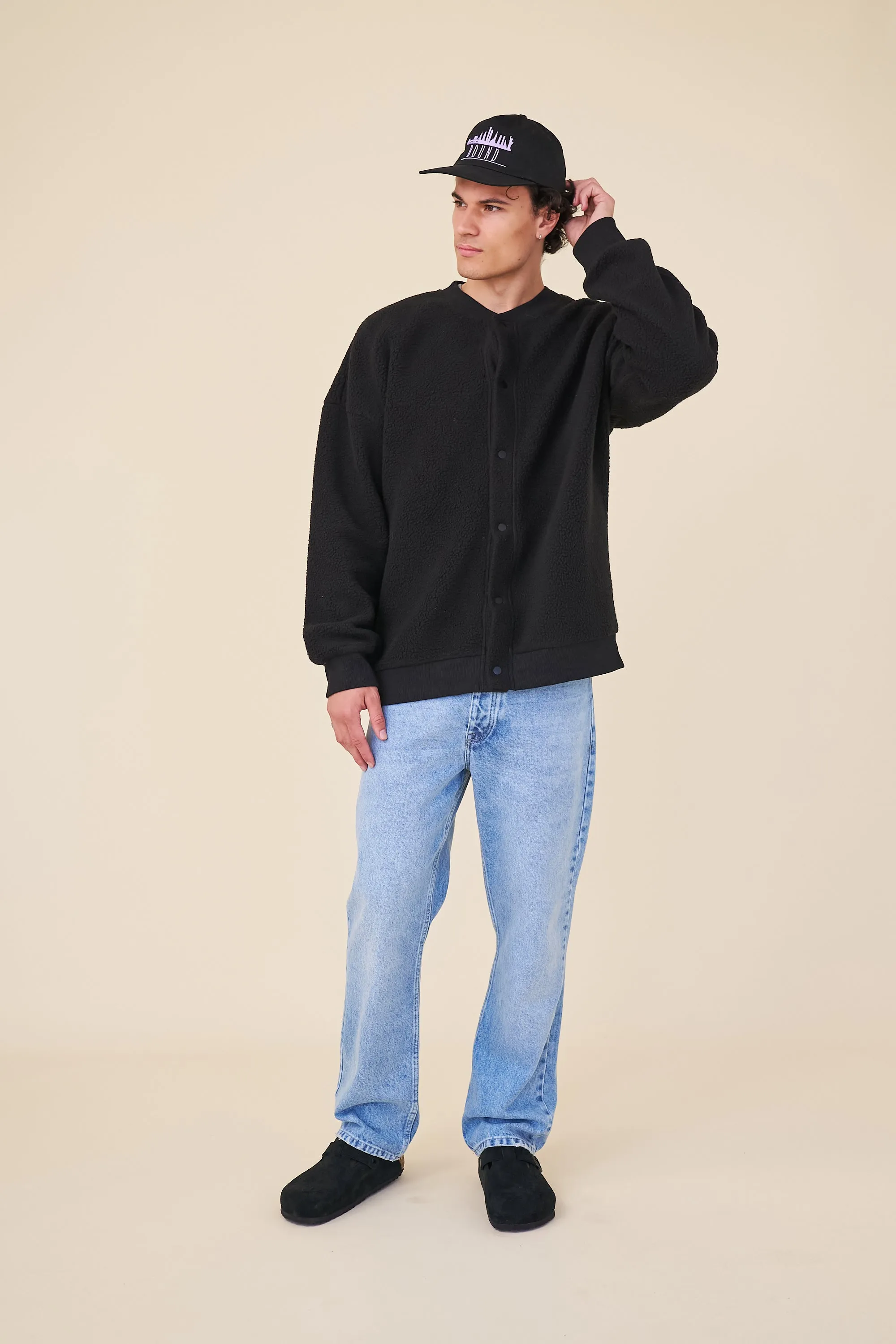 BOMBER FLEECE CARDIGAN - BLACK