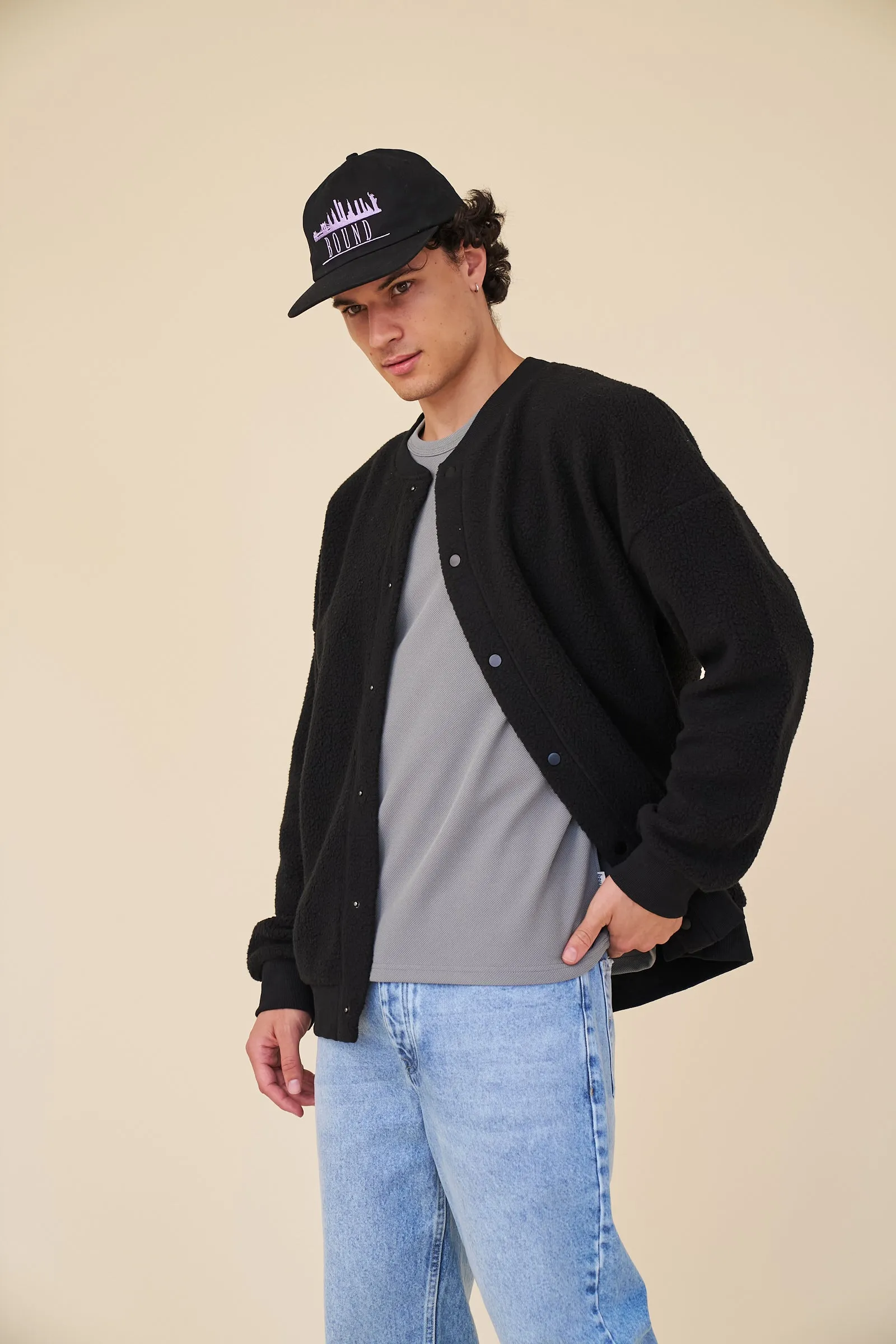 BOMBER FLEECE CARDIGAN - BLACK