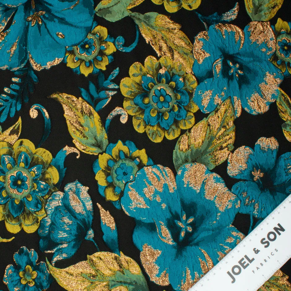 Chartreuse & Turquoise Floral Mixed Fibre Brocade