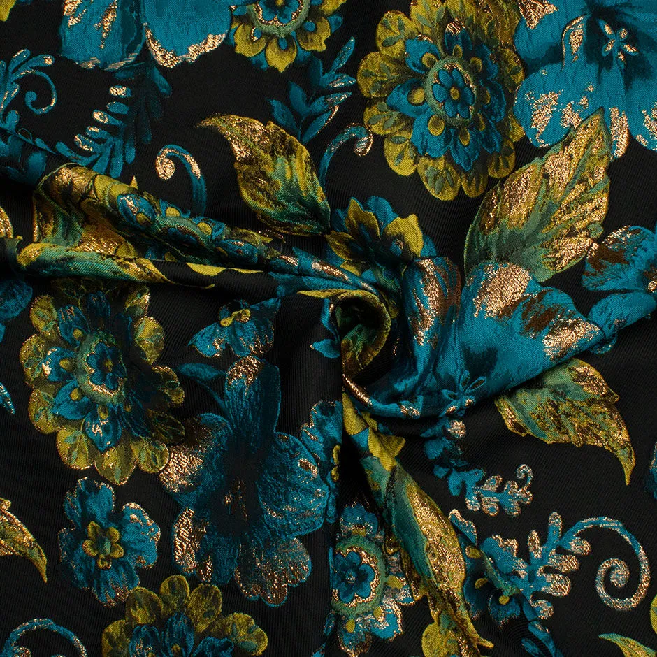 Chartreuse & Turquoise Floral Mixed Fibre Brocade