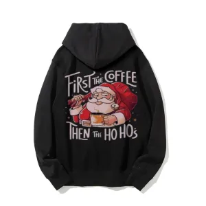 Christmas Santa Claus With Coffee Cheer Graphic Pullover With Kangaroo Pocket Hoodies