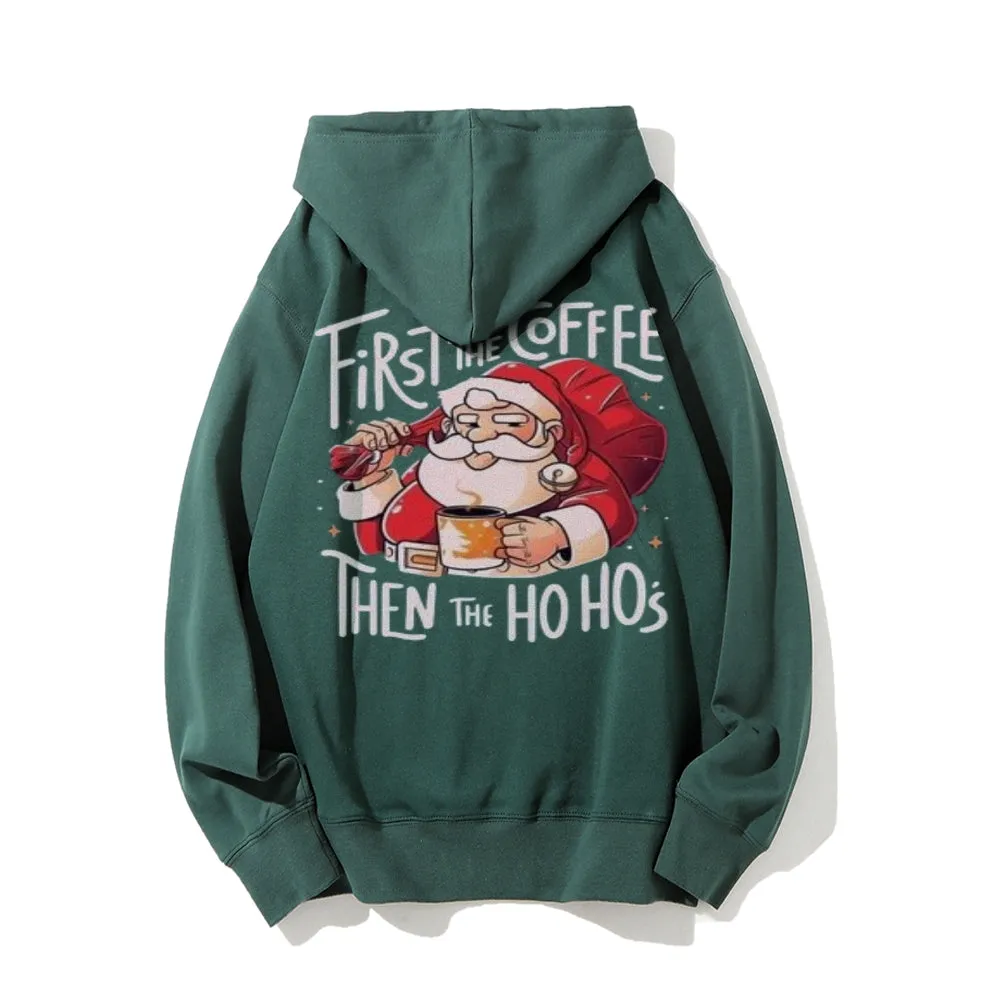 Christmas Santa Claus With Coffee Cheer Graphic Pullover With Kangaroo Pocket Hoodies