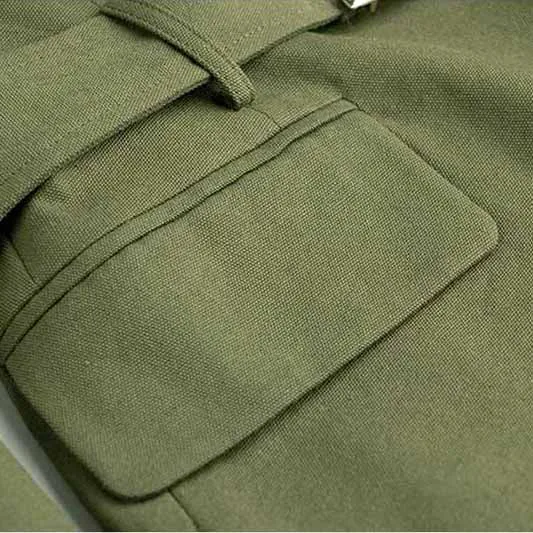 Double Breasted Army Green Blazer With Gold Buttons Slim Fit Belt Jacket