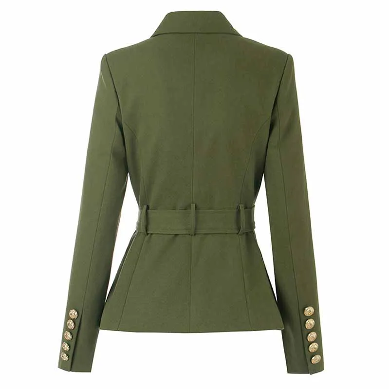 Double Breasted Army Green Blazer With Gold Buttons Slim Fit Belt Jacket