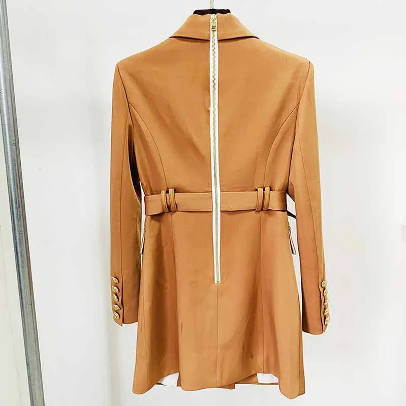 Double Breasted Lion Button Blazer Jacket Womens Camel Coat with Belt Outerwear