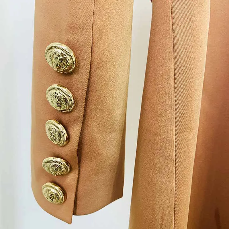 Double Breasted Lion Button Blazer Jacket Womens Camel Coat with Belt Outerwear