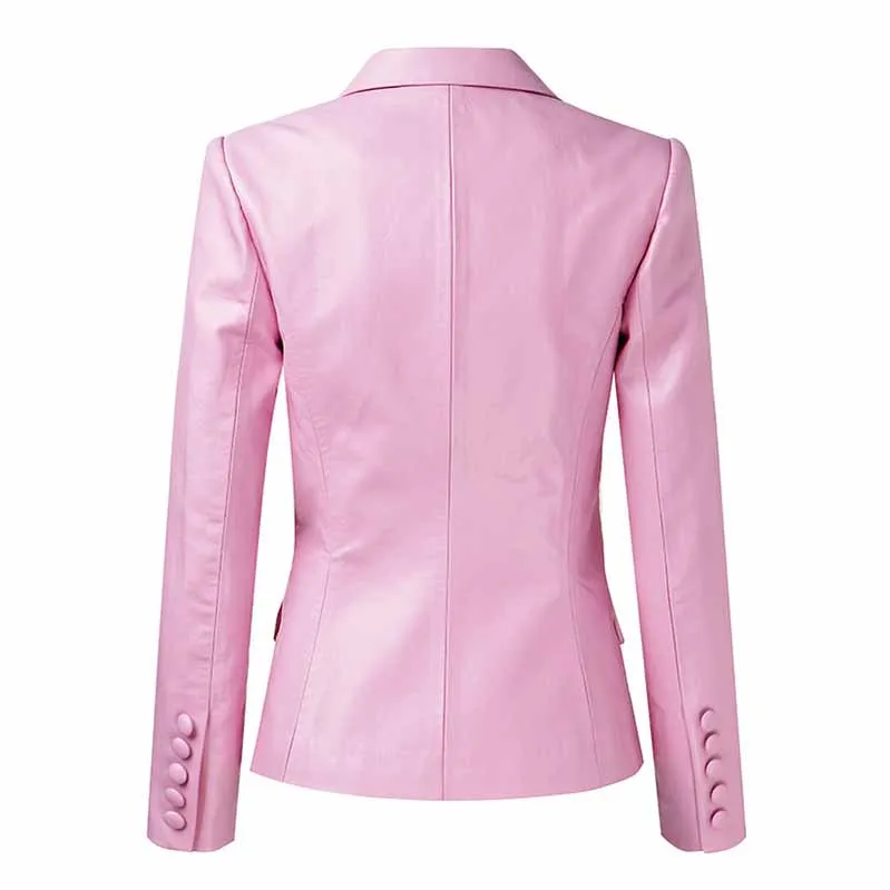 Double Breasted Pink Blazer For Women PU Blazers Jacket In Pink