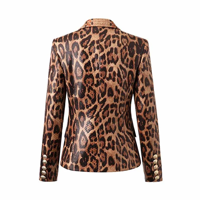 Double Breasted PU Leather Blazer Leopard Print Slim Jacket Gold Buttons