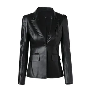 Elegant Black PU Blazer Long Sleeve Single Button Jacket Winter Blazer