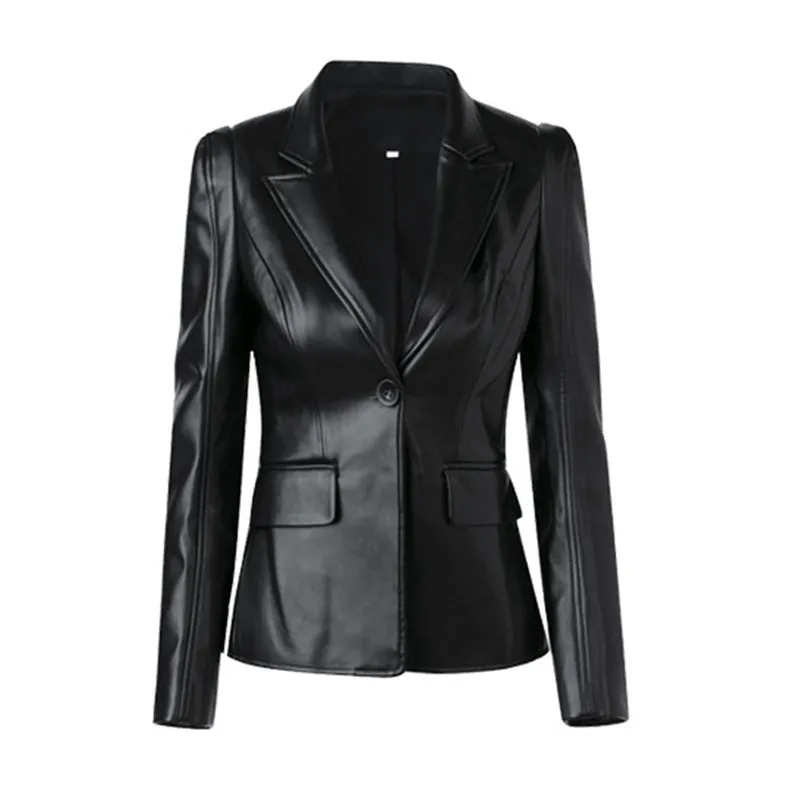 Elegant Black PU Blazer Long Sleeve Single Button Jacket Winter Blazer