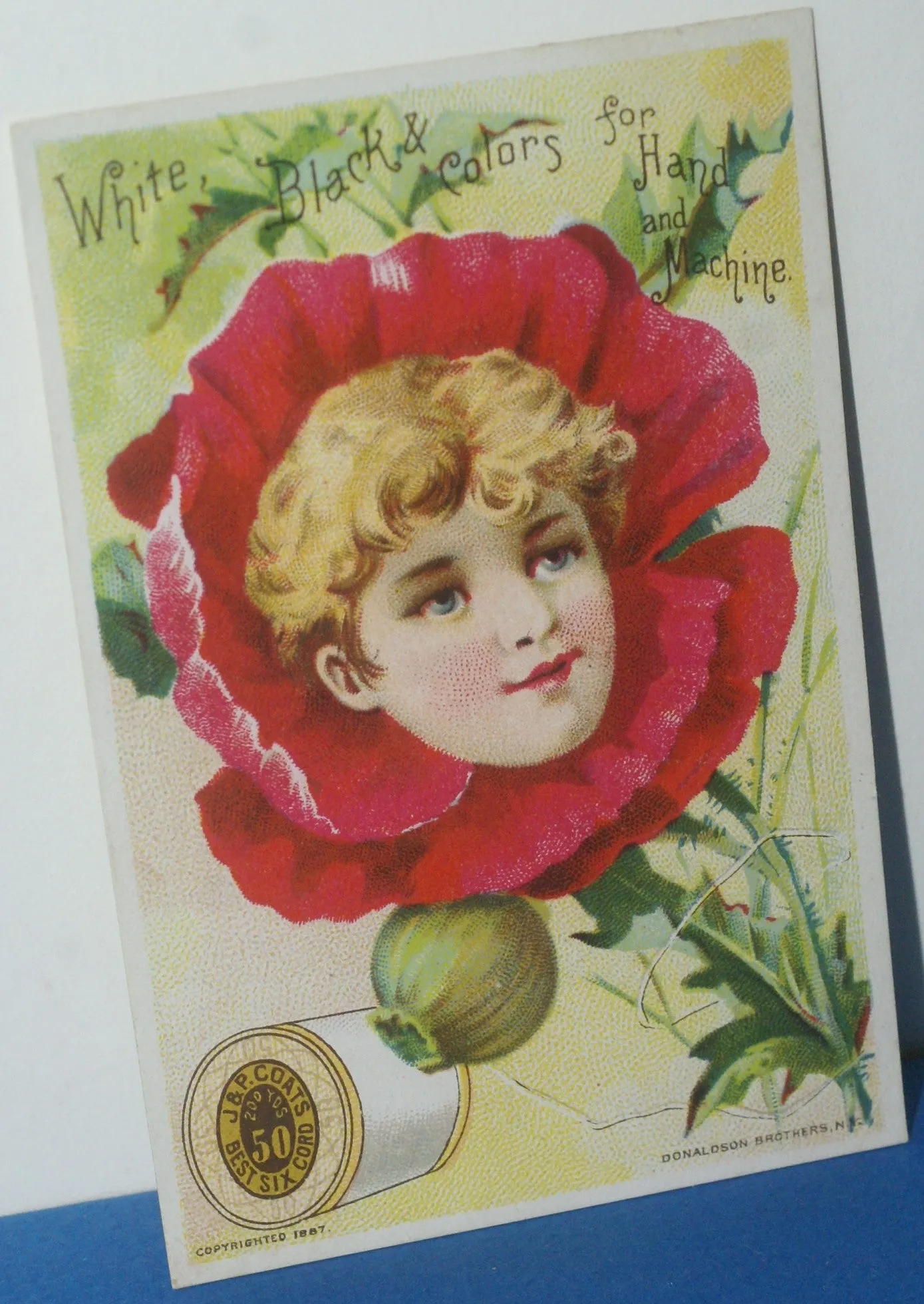 EPHEMERA AMERICANA ANTIQUE WHIMSICAL ART 1887 IN ORNATE FRAME & MATTED, ANTIQUE VICTORIAN ADVERTISING TRADE CARD OF POPPY GIRL: J.& P. Coats (DFPO2J) LACY METAL FRAME 8,5" X 6",5 DESIGNER COLLECTOR COLLECTIBLE WALL DÉCOR