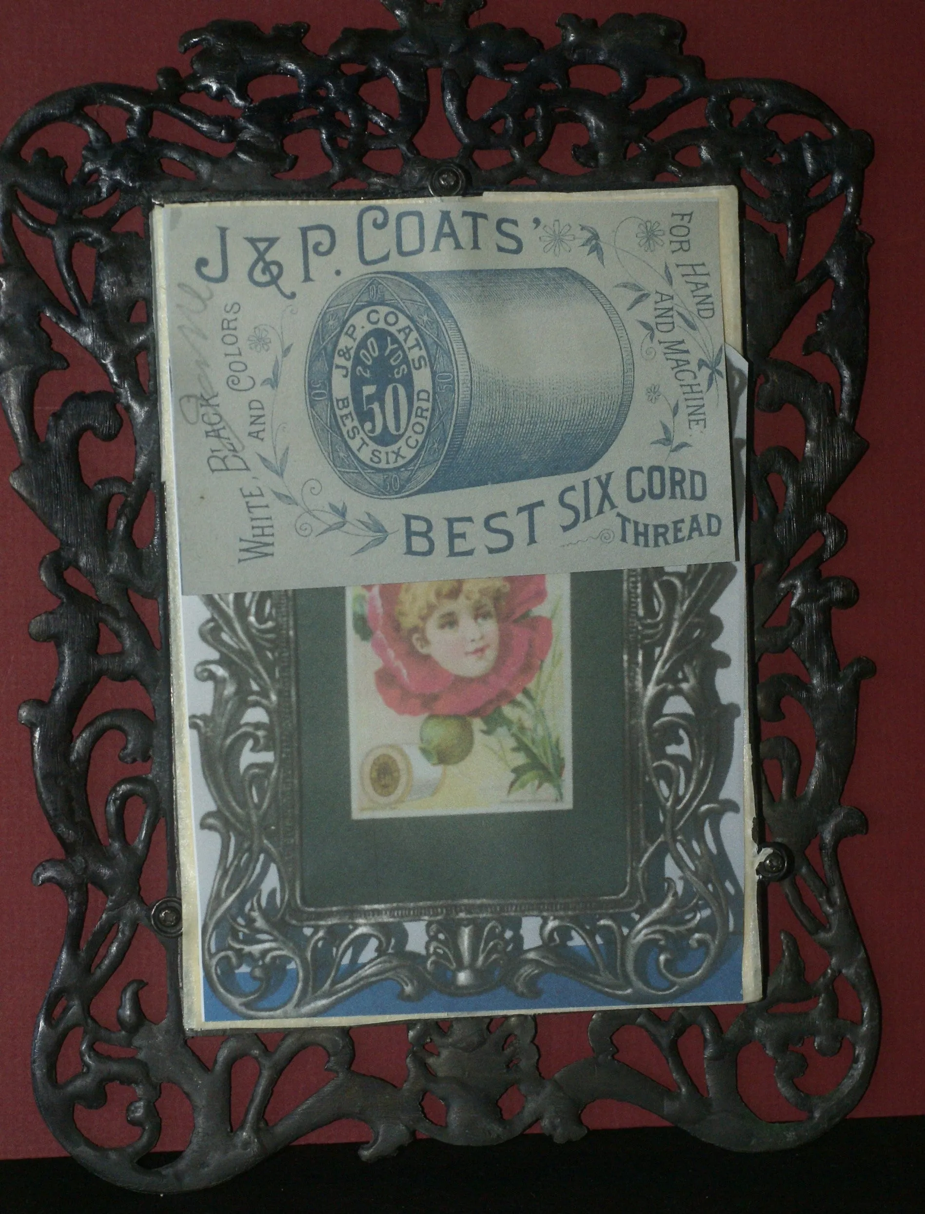 EPHEMERA AMERICANA ANTIQUE WHIMSICAL ART 1887 IN ORNATE FRAME & MATTED, ANTIQUE VICTORIAN ADVERTISING TRADE CARD OF POPPY GIRL: J.& P. Coats (DFPO2J) LACY METAL FRAME 8,5" X 6",5 DESIGNER COLLECTOR COLLECTIBLE WALL DÉCOR