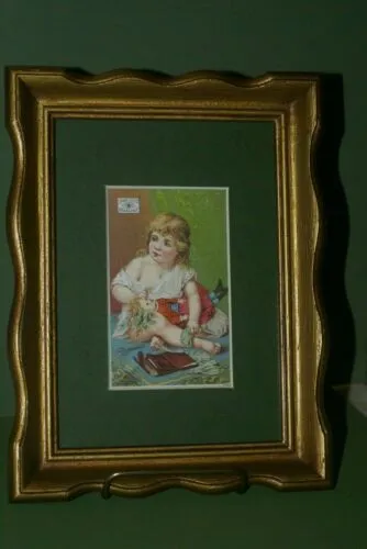 EPHEMERA AMERICANA ANTIQUE WHIMSICAL ART 1887 IN ORNATE FRAME & MATTED, ANTIQUE VICTORIAN ADVERTISING TRADE CARD OF POPPY GIRL: J.& P. Coats (DFPO2J) LACY METAL FRAME 8,5" X 6",5 DESIGNER COLLECTOR COLLECTIBLE WALL DÉCOR