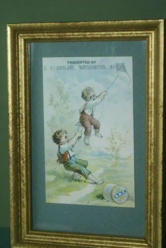 EPHEMERA AMERICANA ANTIQUE WHIMSICAL ART 1887 IN ORNATE FRAME & MATTED, ANTIQUE VICTORIAN ADVERTISING TRADE CARD OF POPPY GIRL: J.& P. Coats (DFPO2J) LACY METAL FRAME 8,5" X 6",5 DESIGNER COLLECTOR COLLECTIBLE WALL DÉCOR