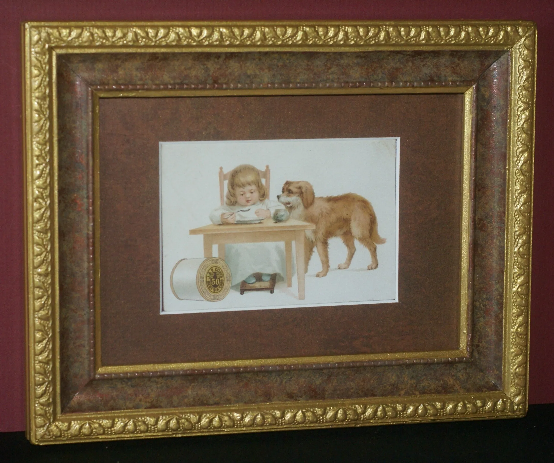 EPHEMERA AMERICANA WHIMSICAL ART: 1887 FRAMED & MATTED, ANTIQUE VICTORIAN ADVERTISING TRADE CARD: J.& P. Coats, GIRL & PET DOG GOLDEN RETRIEVER (DFPO2L) DESIGNER COLLECTOR COLLECTIBLE DELIGHTFUL WALL DÉCOR AD GOLDEN RETRIEVER (DFPO2L)