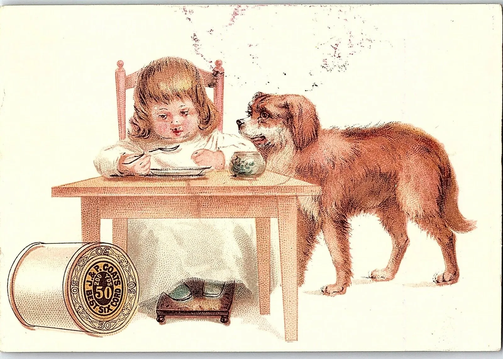 EPHEMERA AMERICANA WHIMSICAL ART: 1887 FRAMED & MATTED, ANTIQUE VICTORIAN ADVERTISING TRADE CARD: J.& P. Coats, GIRL & PET DOG GOLDEN RETRIEVER (DFPO2L) DESIGNER COLLECTOR COLLECTIBLE DELIGHTFUL WALL DÉCOR AD GOLDEN RETRIEVER (DFPO2L)