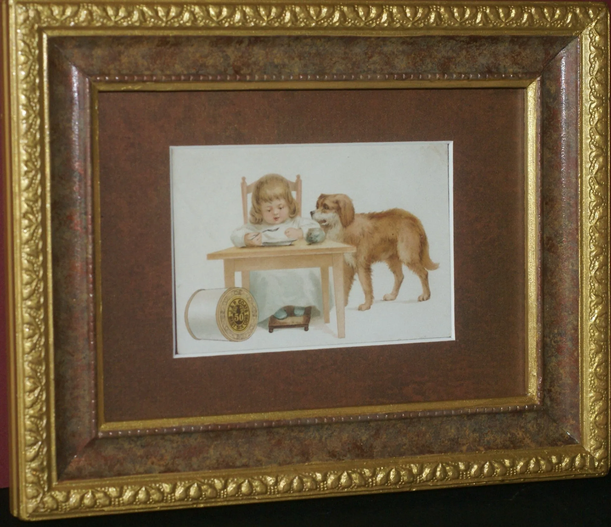 EPHEMERA AMERICANA WHIMSICAL ART: 1887 FRAMED & MATTED, ANTIQUE VICTORIAN ADVERTISING TRADE CARD: J.& P. Coats, GIRL & PET DOG GOLDEN RETRIEVER (DFPO2L) DESIGNER COLLECTOR COLLECTIBLE DELIGHTFUL WALL DÉCOR AD GOLDEN RETRIEVER (DFPO2L)