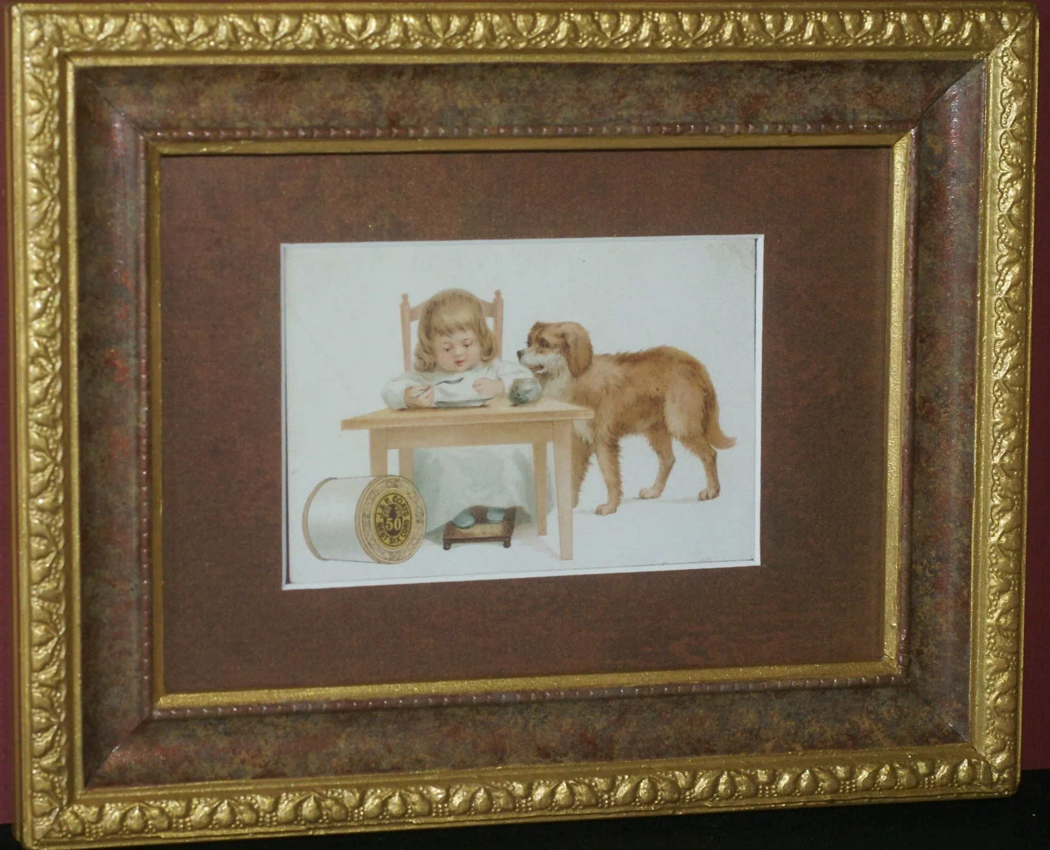 EPHEMERA AMERICANA WHIMSICAL ART: 1887 FRAMED & MATTED, ANTIQUE VICTORIAN ADVERTISING TRADE CARD: J.& P. Coats, GIRL & PET DOG GOLDEN RETRIEVER (DFPO2L) DESIGNER COLLECTOR COLLECTIBLE DELIGHTFUL WALL DÉCOR AD GOLDEN RETRIEVER (DFPO2L)