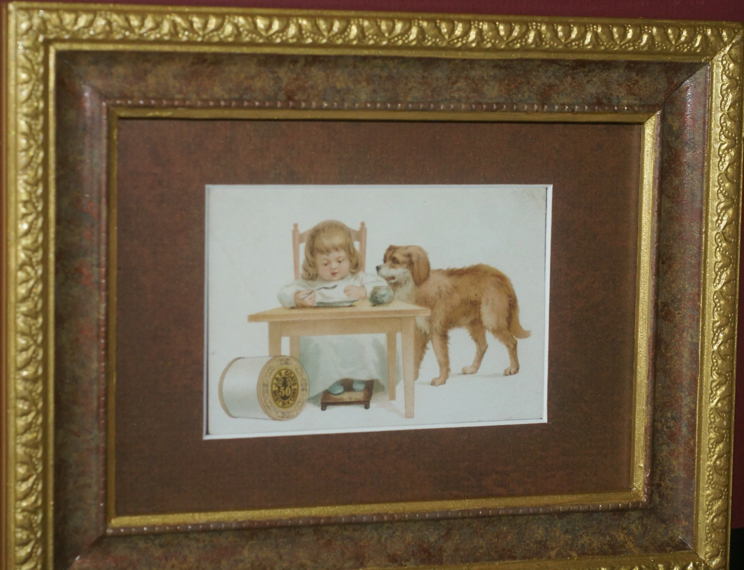 EPHEMERA AMERICANA WHIMSICAL ART: 1887 FRAMED & MATTED, ANTIQUE VICTORIAN ADVERTISING TRADE CARD: J.& P. Coats, GIRL & PET DOG GOLDEN RETRIEVER (DFPO2L) DESIGNER COLLECTOR COLLECTIBLE DELIGHTFUL WALL DÉCOR AD GOLDEN RETRIEVER (DFPO2L)