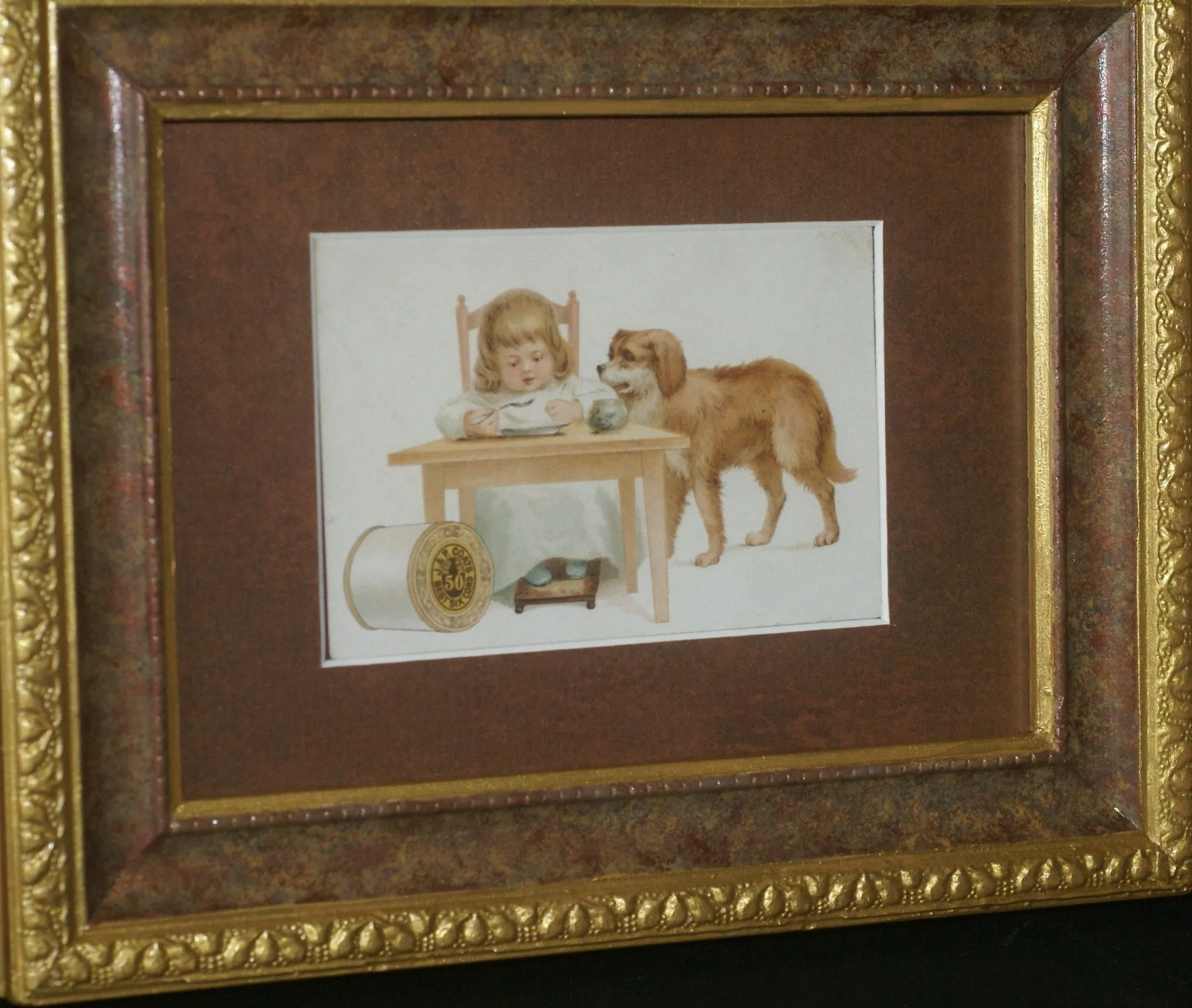 EPHEMERA AMERICANA WHIMSICAL ART: 1887 FRAMED & MATTED, ANTIQUE VICTORIAN ADVERTISING TRADE CARD: J.& P. Coats, GIRL & PET DOG GOLDEN RETRIEVER (DFPO2L) DESIGNER COLLECTOR COLLECTIBLE DELIGHTFUL WALL DÉCOR AD GOLDEN RETRIEVER (DFPO2L)