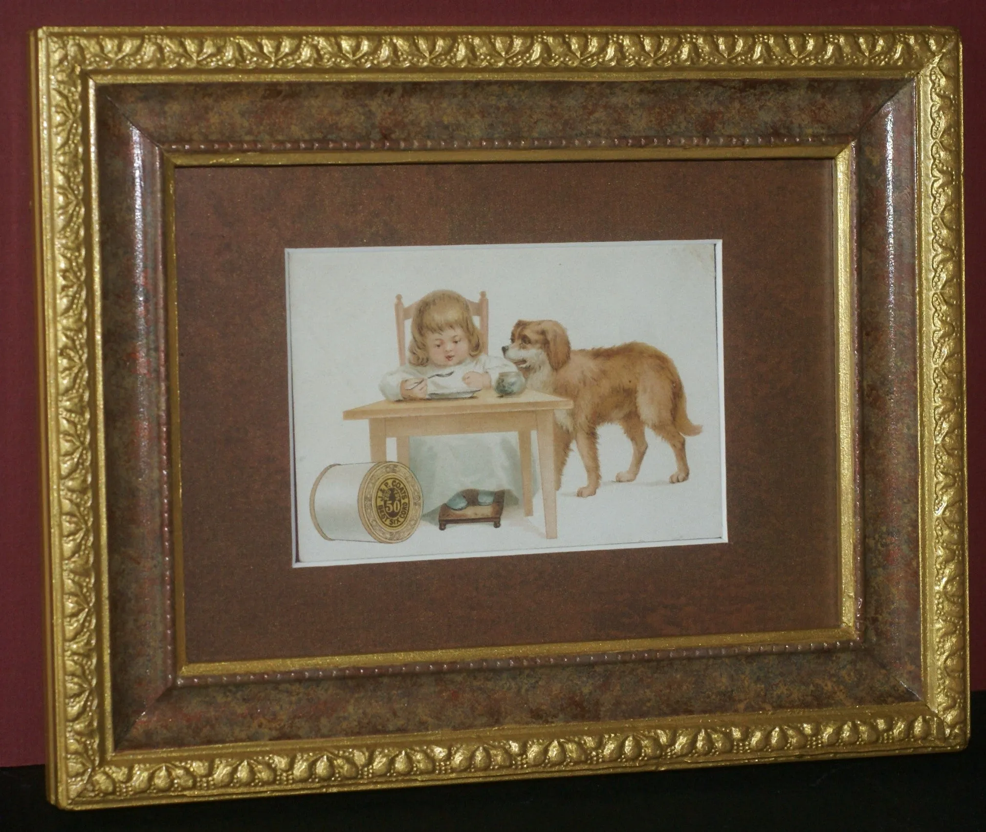 EPHEMERA AMERICANA WHIMSICAL ART: 1887 FRAMED & MATTED, ANTIQUE VICTORIAN ADVERTISING TRADE CARD: J.& P. Coats, GIRL & PET DOG GOLDEN RETRIEVER (DFPO2L) DESIGNER COLLECTOR COLLECTIBLE DELIGHTFUL WALL DÉCOR AD GOLDEN RETRIEVER (DFPO2L)