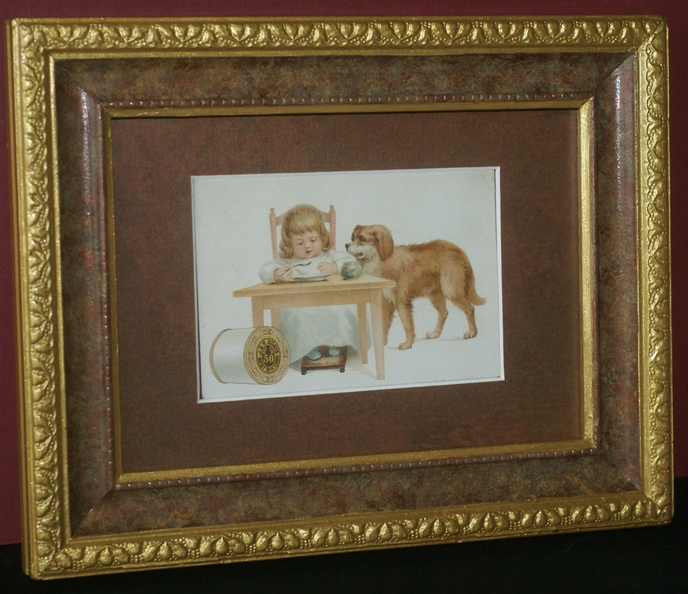 EPHEMERA AMERICANA WHIMSICAL ART: 1887 FRAMED & MATTED, ANTIQUE VICTORIAN ADVERTISING TRADE CARD: J.& P. Coats, GIRL & PET DOG GOLDEN RETRIEVER (DFPO2L) DESIGNER COLLECTOR COLLECTIBLE DELIGHTFUL WALL DÉCOR AD GOLDEN RETRIEVER (DFPO2L)