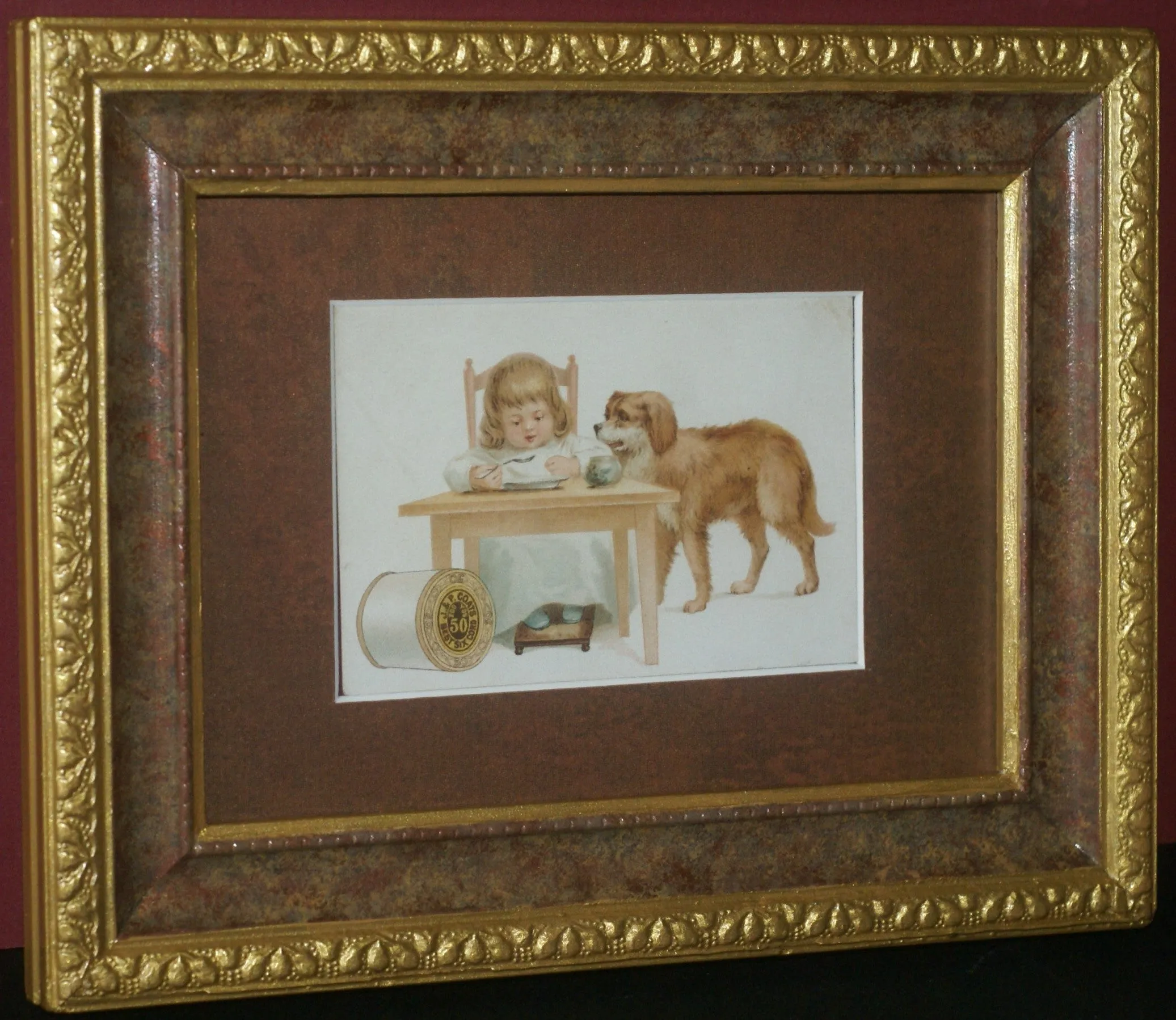 EPHEMERA AMERICANA WHIMSICAL ART: 1887 FRAMED & MATTED, ANTIQUE VICTORIAN ADVERTISING TRADE CARD: J.& P. Coats, GIRL & PET DOG GOLDEN RETRIEVER (DFPO2L) DESIGNER COLLECTOR COLLECTIBLE DELIGHTFUL WALL DÉCOR AD GOLDEN RETRIEVER (DFPO2L)