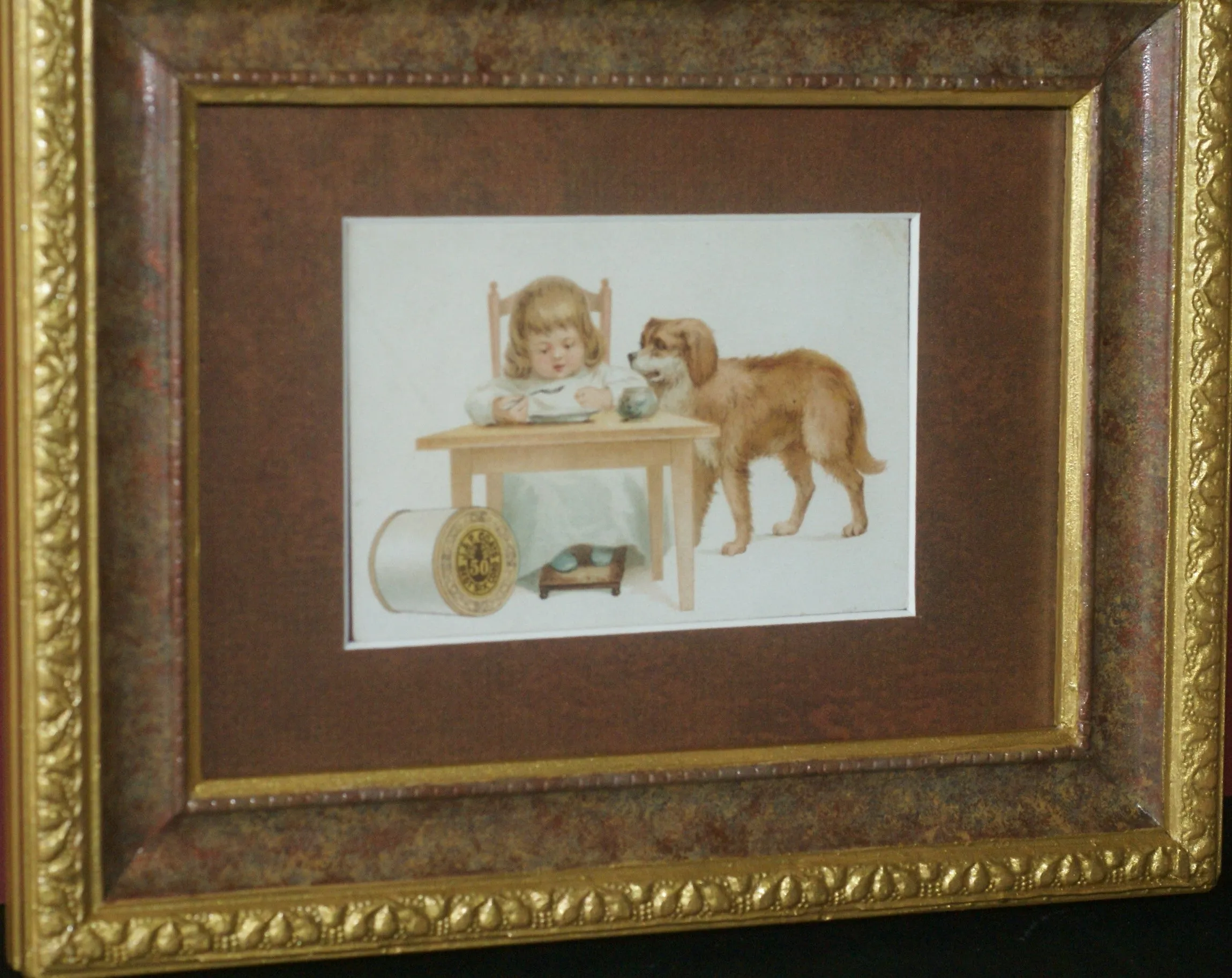 EPHEMERA AMERICANA WHIMSICAL ART: 1887 FRAMED & MATTED, ANTIQUE VICTORIAN ADVERTISING TRADE CARD: J.& P. Coats, GIRL & PET DOG GOLDEN RETRIEVER (DFPO2L) DESIGNER COLLECTOR COLLECTIBLE DELIGHTFUL WALL DÉCOR AD GOLDEN RETRIEVER (DFPO2L)