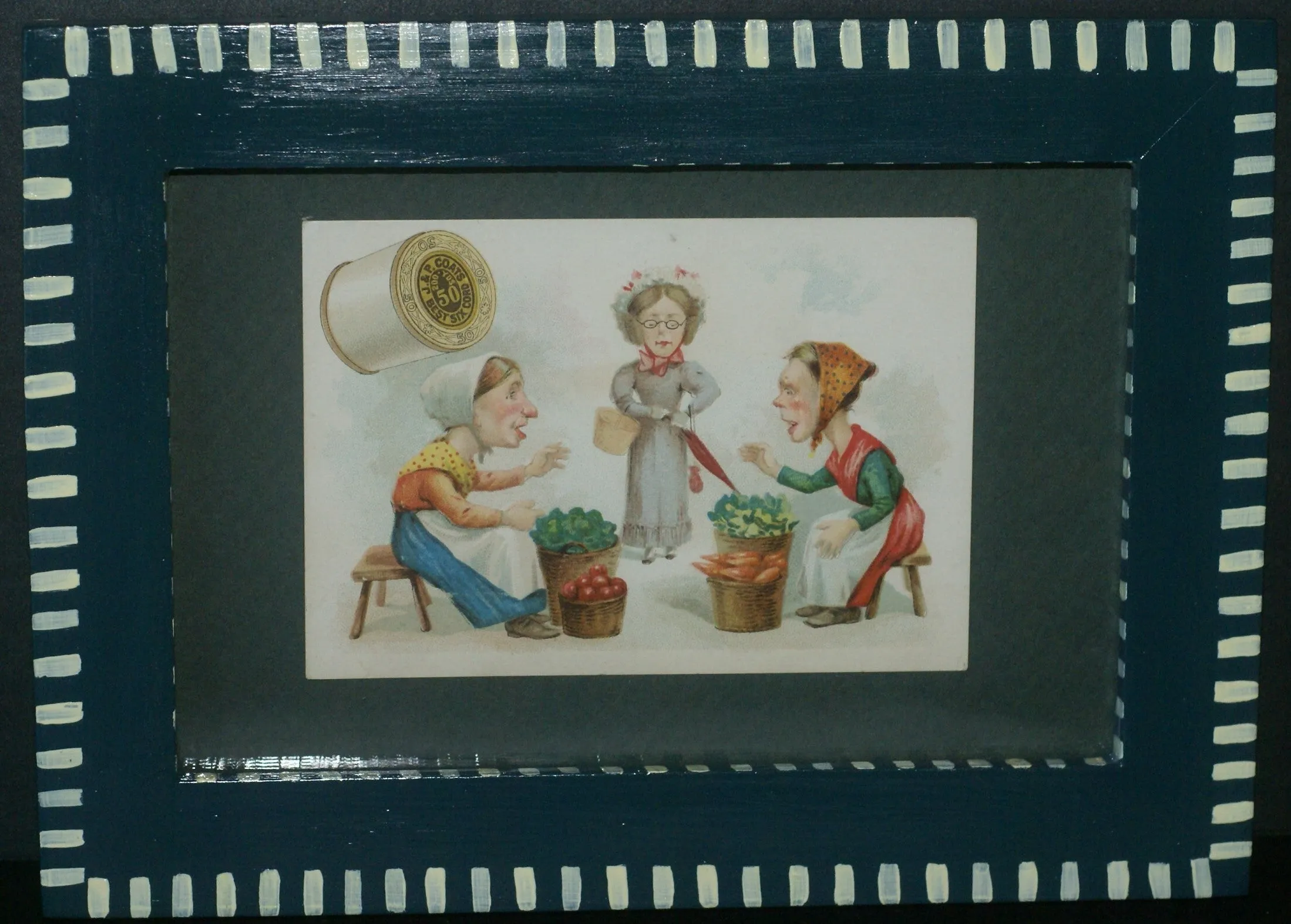 EPHEMERA AMERICANA WHIMSICAL ART, AD: 1887 PROFESSIONALLY FRAMED (IN A HAND PAINTED FRAME BY ARTIST) AND MATTED, ANTIQUE VICTORIAN ADVERTISING TRADE CARD: J.& P Coats MARKET (DFPO2R) DESIGNER COLLECTOR COLLECTIBLE DELIGHTFUL WALL DÉCOR