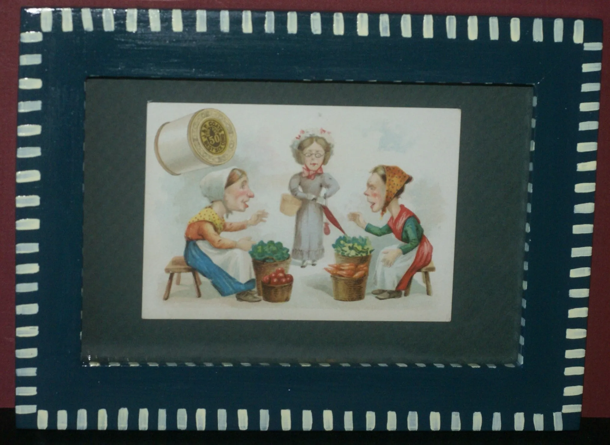 EPHEMERA AMERICANA WHIMSICAL ART, AD: 1887 PROFESSIONALLY FRAMED (IN A HAND PAINTED FRAME BY ARTIST) AND MATTED, ANTIQUE VICTORIAN ADVERTISING TRADE CARD: J.& P Coats MARKET (DFPO2R) DESIGNER COLLECTOR COLLECTIBLE DELIGHTFUL WALL DÉCOR