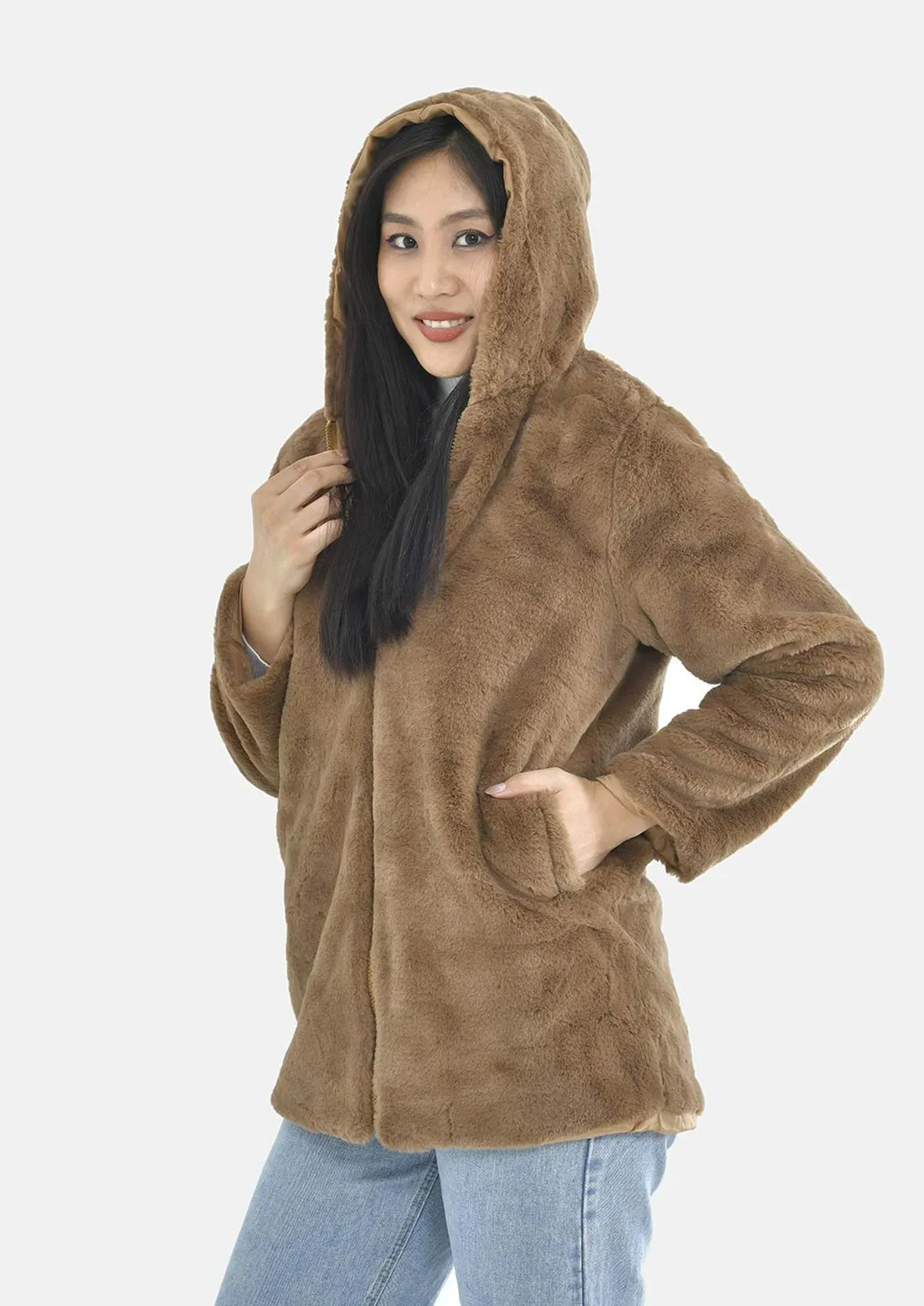 Faux Fur Hoodie With Zip Front