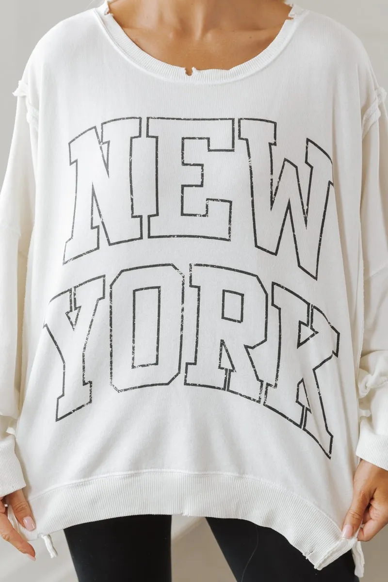 Free People Cream New York Pullover Sweatshirt