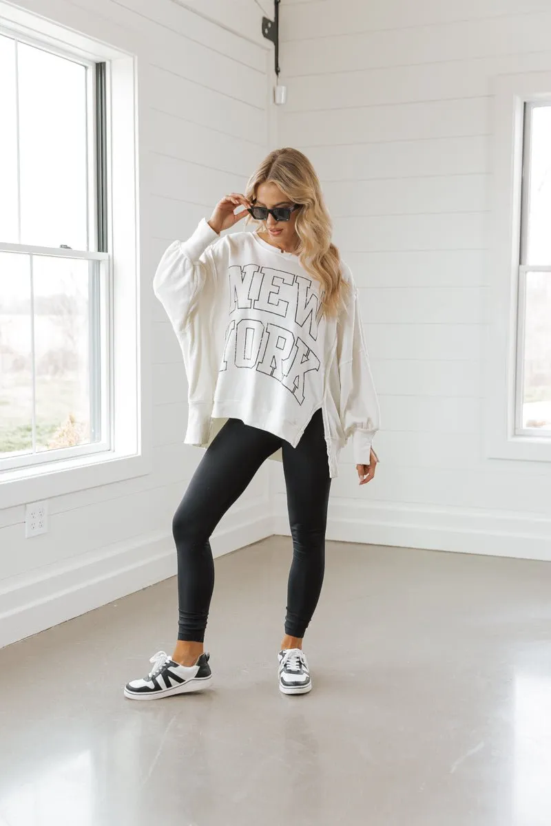 Free People Cream New York Pullover Sweatshirt