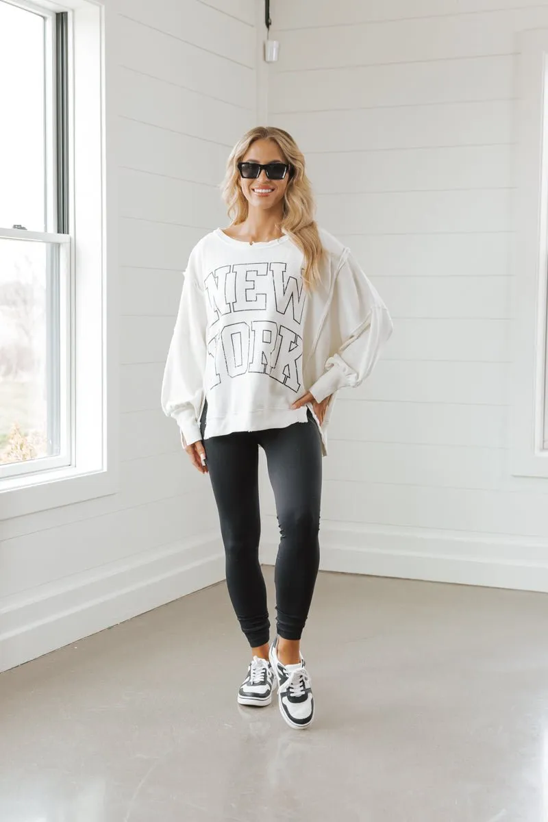 Free People Cream New York Pullover Sweatshirt