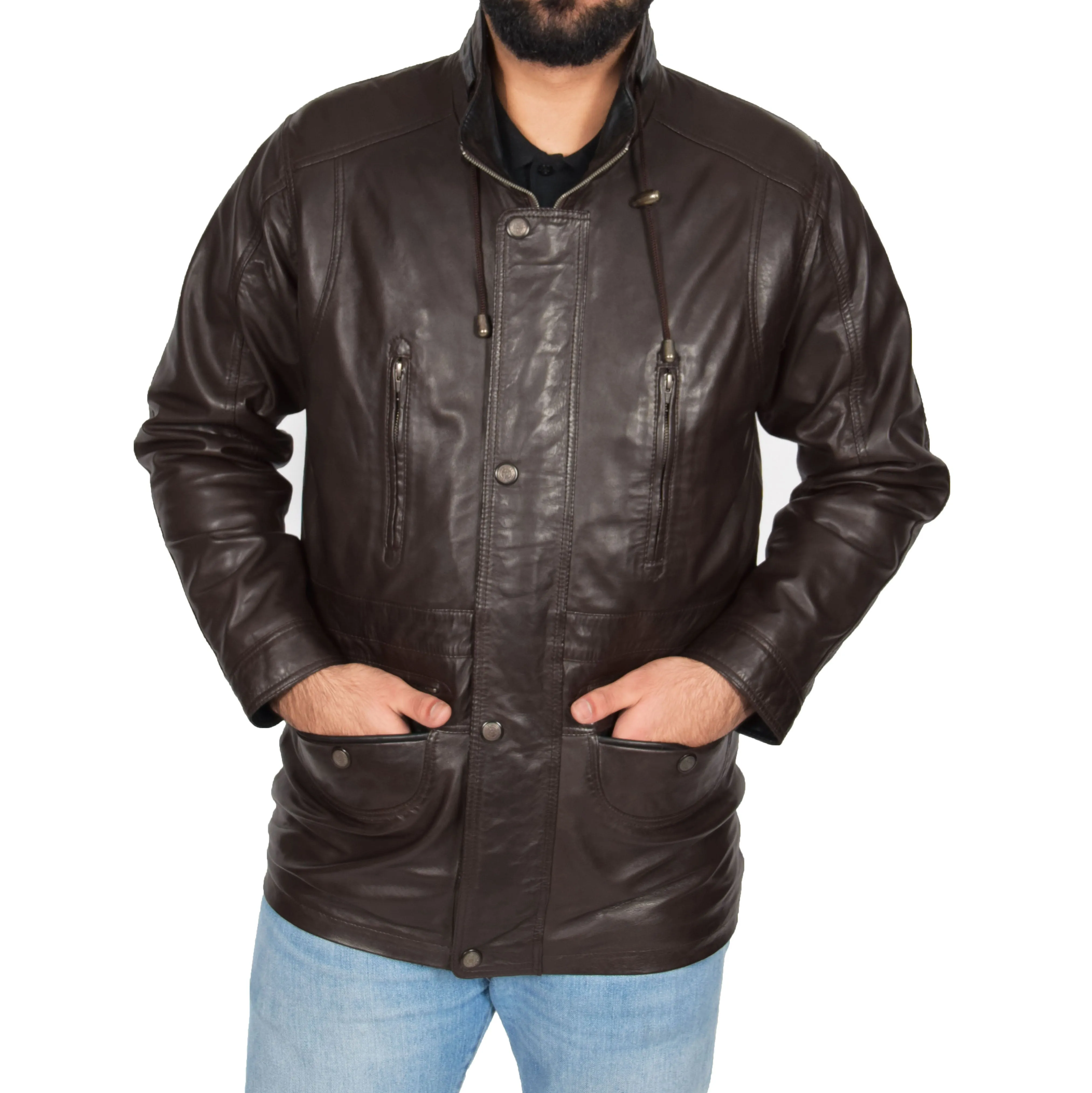 Gents Classic Soft Leather Parka Car Coat Parker Brown