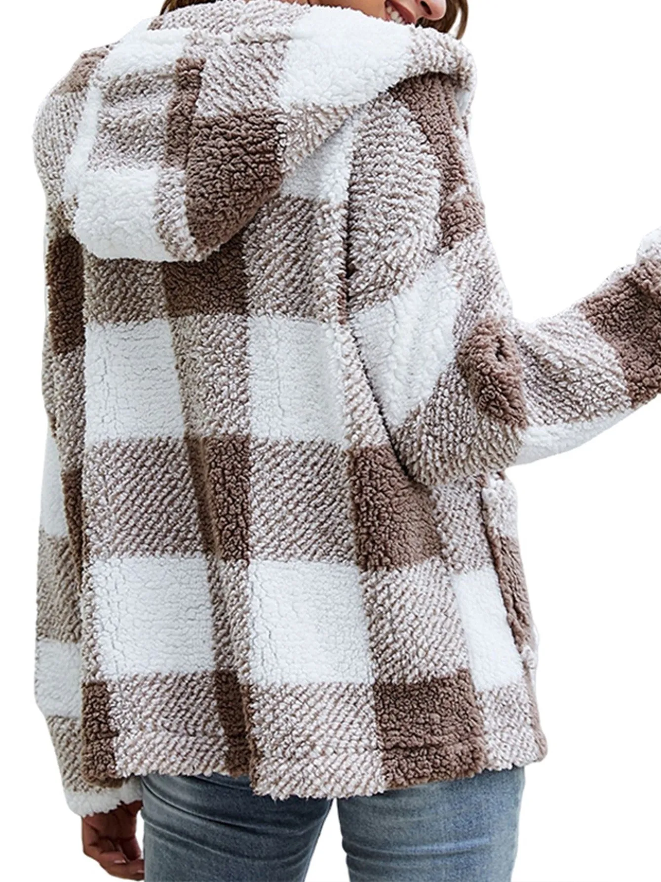 Gingham Hooded Teddy Jacket Checkered Plaid Open Front Hoodie Jacket Comfortable Casual