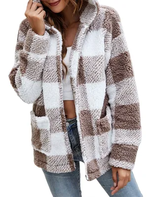 Gingham Hooded Teddy Jacket Checkered Plaid Open Front Hoodie Jacket Comfortable Casual