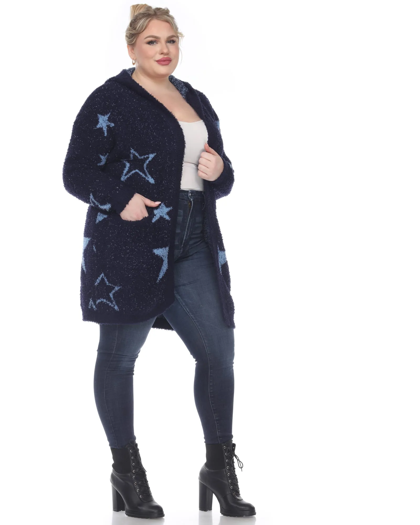 Hooded Open Front Sherpa Coat | Navy/Light Blue Stars