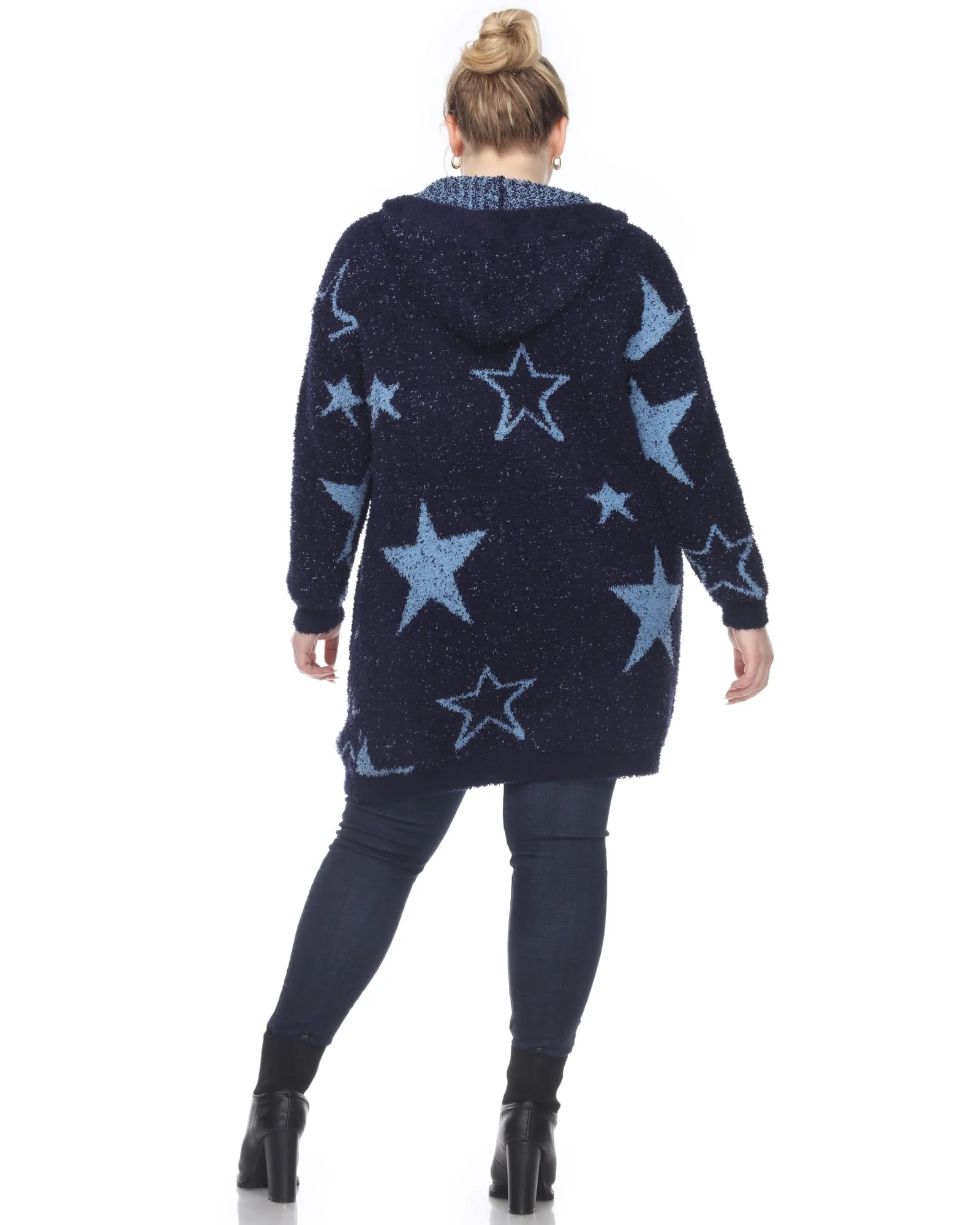 Hooded Open Front Sherpa Coat | Navy/Light Blue Stars