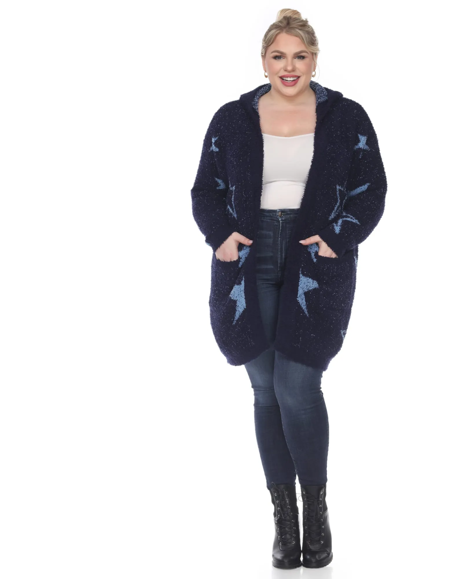 Hooded Open Front Sherpa Coat | Navy/Light Blue Stars