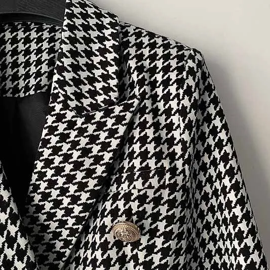 Houndstooth Slim Long-sleeved Metal Button Women's Blazer Jacket