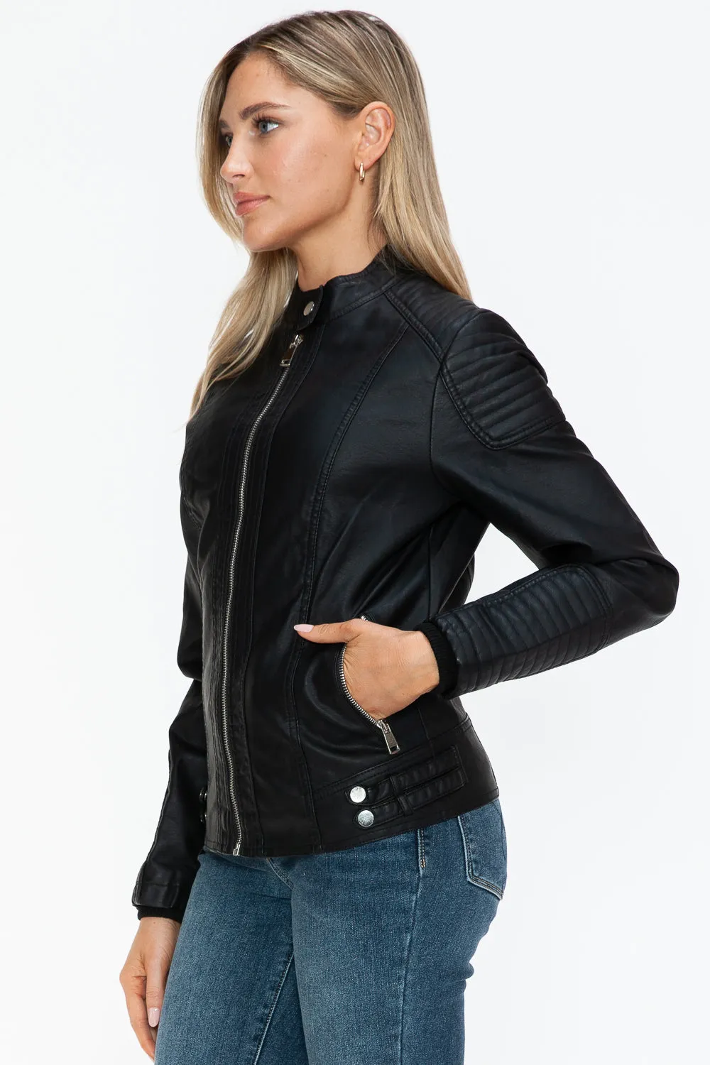 kesley Snobbish Faux Leather Biker Jacket with Side Zip Pockets